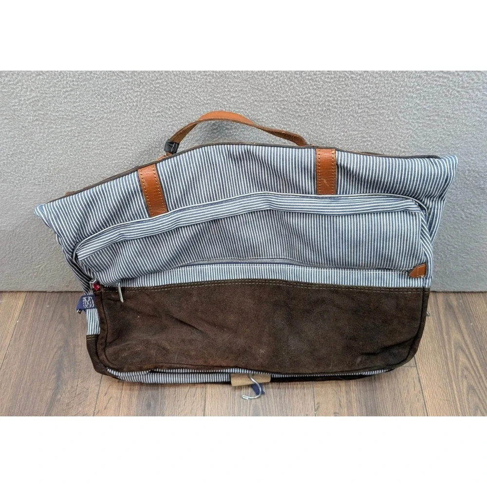 Vintage Hickory Stripe Canvas Suede Garment Travel Luggage Bag Blue White Brown